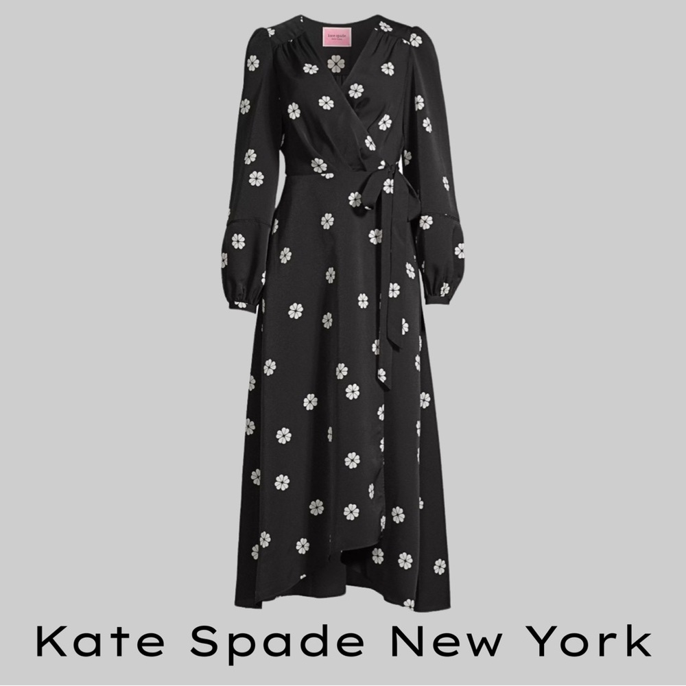 KATE SPADE MIDI PRINT WRAP DRESS IN BLACK + WHITE - SIZE 4